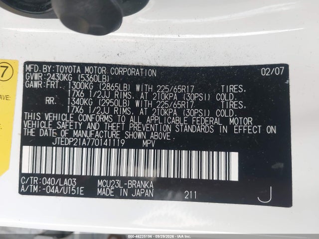 Продажа на аукционе авто 2007 Toyota Highlander Limited W/3rd Row, vin: JTEDP21A770141119, номер лота: 46225196