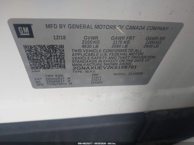 Aukcja sprzedaży 2019 Chevrolet Equinox Lt, vin: 2GNAXUEV2K6199761, numer aukcji: 46225217
