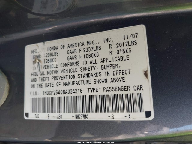 46225229 :رقم المزاد ، 1HGCP26408A034316 vin ، 2008 Honda Accord 2.4 Lx-p مزاد بيع