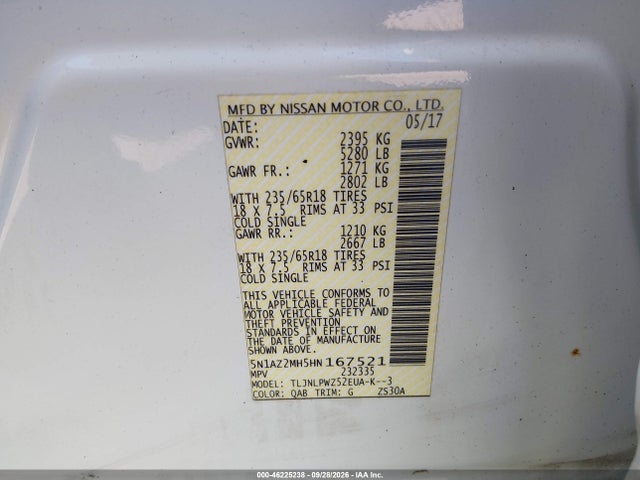 Продажа на аукционе авто 2017 Nissan Murano S, vin: 5N1AZ2MH5HN167521, номер лота: 46225238