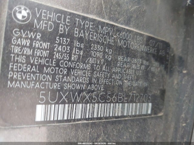 2011 Bmw X3 Xdrive28i მანქანა იყიდება აუქციონზე, vin: 5UXWX5C56BL712703, აუქციონის ნომერი: 46225242