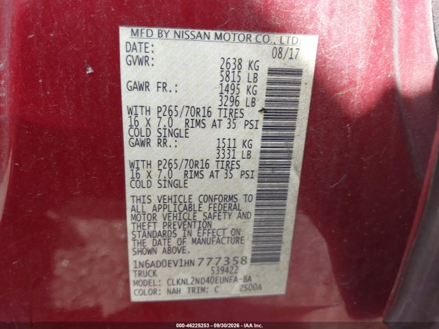 46225253 :رقم المزاد ، 1N6AD0EV1HN777358 vin ، 2017 Nissan Frontier Sv مزاد بيع