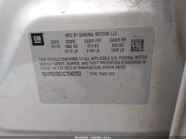 Продажа на аукционе авто 2012 Chevrolet Cruze 2lt, vin: 1G1PG5SC1C7242752, номер лота: 46225267
