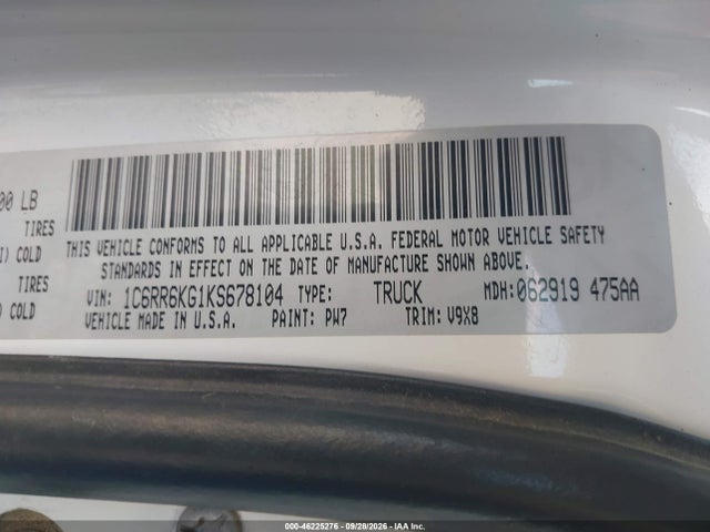 46225276 :رقم المزاد ، 1C6RR6KG1KS678104 vin ، 2019 Ram 1500 Classic Tradesman  4x2 5'7 Box مزاد بيع