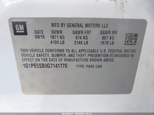 46225277 :رقم المزاد ، 1G1PE5SB9G7141770 vin ، 2016 Chevrolet Cruze Limited 1lt Auto مزاد بيع