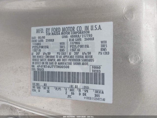 Продажа на аукционе авто 2001 Mazda B3000 Ds/se, vin: 4F4YR16U71TM00508, номер лота: 46225288