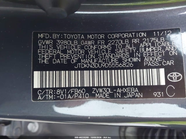 46225289 :رقم المزاد ، JTDKN3DU9D5556826 vin ، 2013 Toyota Prius Three مزاد بيع