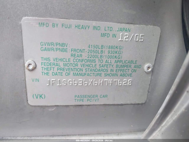 2006 Subaru Forester 2.5x მანქანა იყიდება აუქციონზე, vin: JF1SG636X6H747628, აუქციონის ნომერი: 46225291