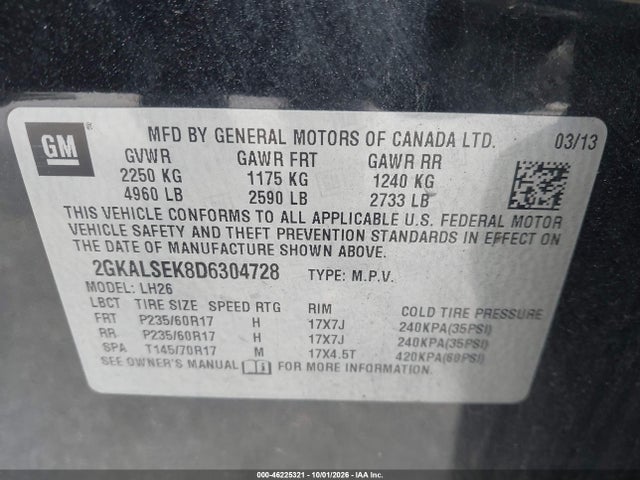 Aukcja sprzedaży 2013 Gmc Terrain Sle-2, vin: 2GKALSEK8D6304728, numer aukcji: 46225321