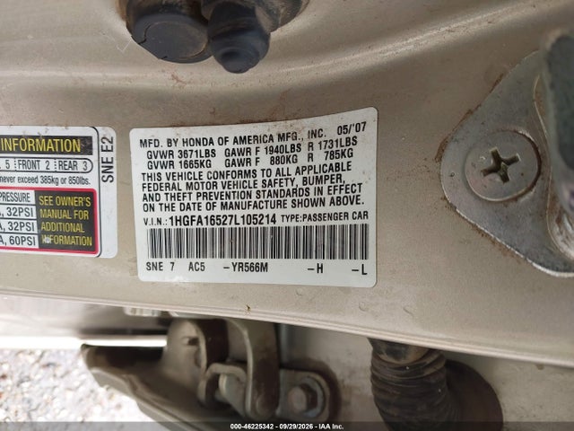 Aukcja sprzedaży 2007 Honda Civic Lx, vin: 1HGFA16527L105214, numer aukcji: 46225342