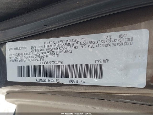 46225346 :رقم المزاد ، 4S4BP61C787327784 vin ، 2008 Subaru Outback (natl) I/ll Bean W/nav/ll Bean W/nav/vdc مزاد بيع