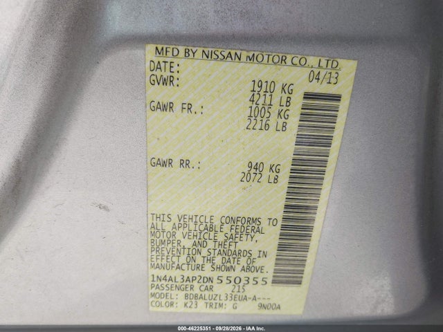 2013 Nissan Altima 2.5 Sv მანქანა იყიდება აუქციონზე, vin: 1N4AL3AP2DN550355, აუქციონის ნომერი: 46225351