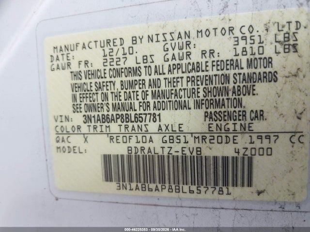 46225353 :رقم المزاد ، 3N1AB6AP8BL657781 vin ، 2011 Nissan Sentra 2.0sr مزاد بيع