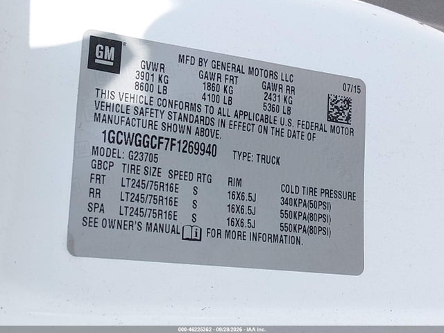 Aukcja sprzedaży 2015 Chevrolet Express 2500 Work Van, vin: 1GCWGGCF7F1269940, numer aukcji: 46225362