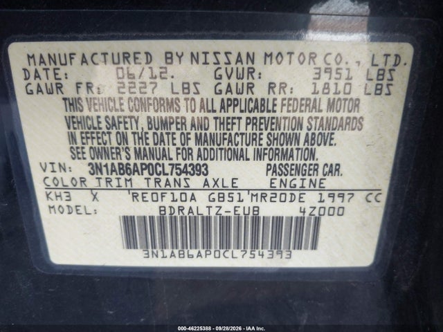 46225388 :رقم المزاد ، 3N1AB6AP0CL754393 vin ، 2012 Nissan Sentra 2.0 Sr مزاد بيع