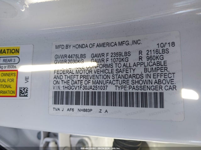 Продаж на аукціоні авто 2018 Honda Accord Sport, vin: 1HGCV1F30JA251037, номер лоту: 46225391