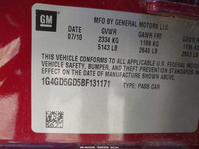 2011 Buick Lacrosse Cxl მანქანა იყიდება აუქციონზე, vin: 1G4GD5GD5BF131171, აუქციონის ნომერი: 46225395