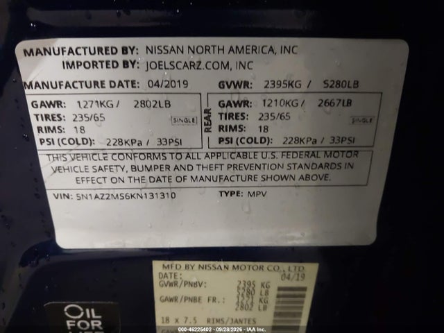 46225402 :رقم المزاد ، 5N1AZ2MS6KN131310 vin ، 2019 Nissan Murano مزاد بيع