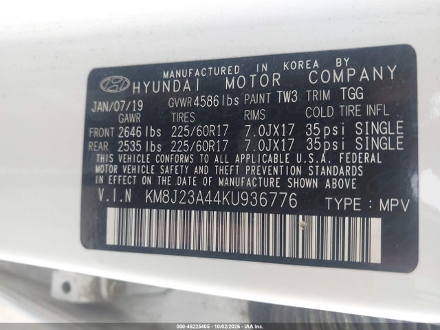 Aukcja sprzedaży 2019 Hyundai Tucson Se, vin: KM8J23A44KU936776, numer aukcji: 46225405