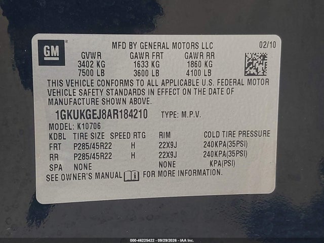 2010 Gmc Yukon Hybrid Denali მანქანა იყიდება აუქციონზე, vin: 1GKUKGEJ8AR184210, აუქციონის ნომერი: 46225422