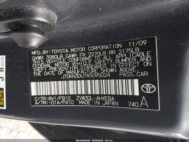 46225435 :رقم المزاد ، JTDKN3DU7A5095024 vin ، 2010 Toyota Prius Iii مزاد بيع