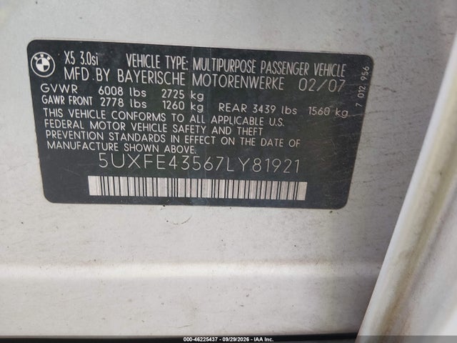 46225437 :رقم المزاد ، 5UXFE43567LY81921 vin ، 2007 Bmw X5 3.0si مزاد بيع