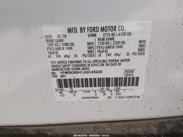 2018 Ford Explorer მანქანა იყიდება აუქციონზე, vin: 1FM5K8BH1JGC45220, აუქციონის ნომერი: 46225438