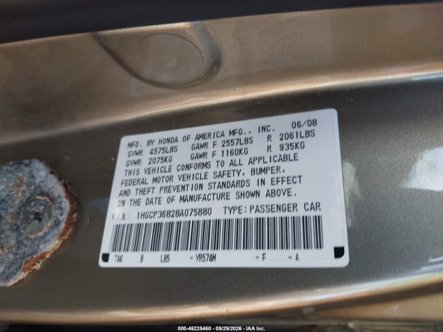 Продаж на аукціоні авто 2008 Honda Accord 3.5 Ex-l, vin: 1HGCP36828A075880, номер лоту: 46225460