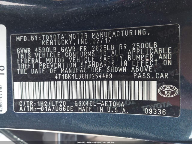 2017 Toyota Avalon Touring მანქანა იყიდება აუქციონზე, vin: 4T1BK1EB6HU254489, აუქციონის ნომერი: 46225466