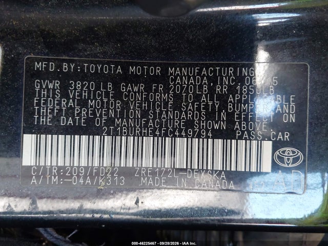 Продаж на аукціоні авто 2015 Toyota Corolla S Plus, vin: 2T1BURHE4FC449794, номер лоту: 46225467
