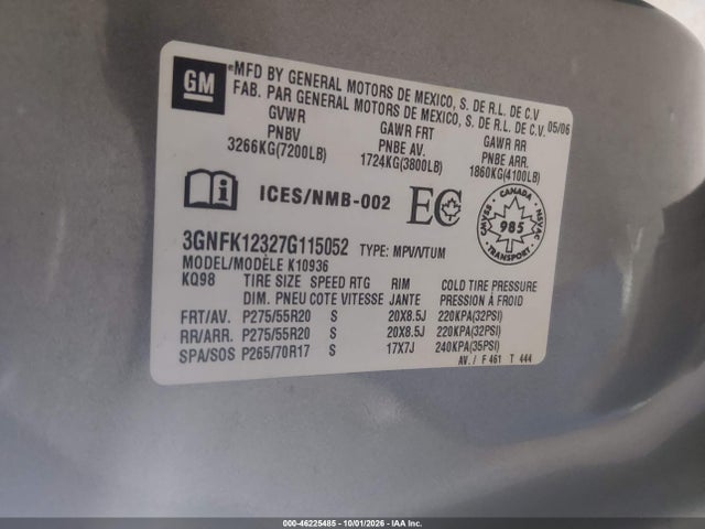 46225485 :رقم المزاد ، 3GNFK12327G115052 vin ، 2007 Chevrolet Avalanche 1500 Ls/lt/ltz مزاد بيع