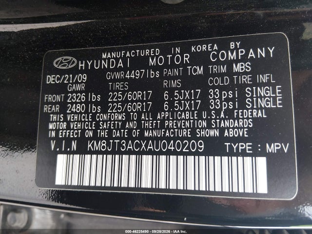 2010 Hyundai Tucson Gls მანქანა იყიდება აუქციონზე, vin: KM8JT3ACXAU040209, აუქციონის ნომერი: 46225490