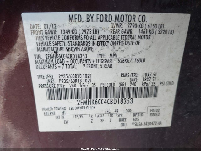 Продаж на аукціоні авто 2012 Ford Flex Sel, vin: 2FMHK6CC4CBD18353, номер лоту: 46225502
