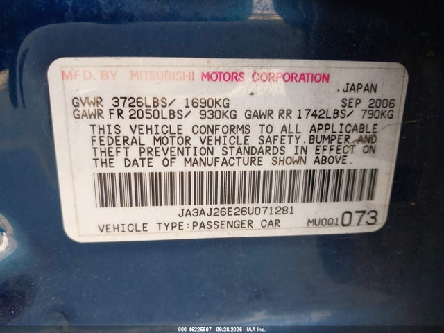 2006 Mitsubishi Lancer Es/se მანქანა იყიდება აუქციონზე, vin: JA3AJ26E26U071281, აუქციონის ნომერი: 46225507