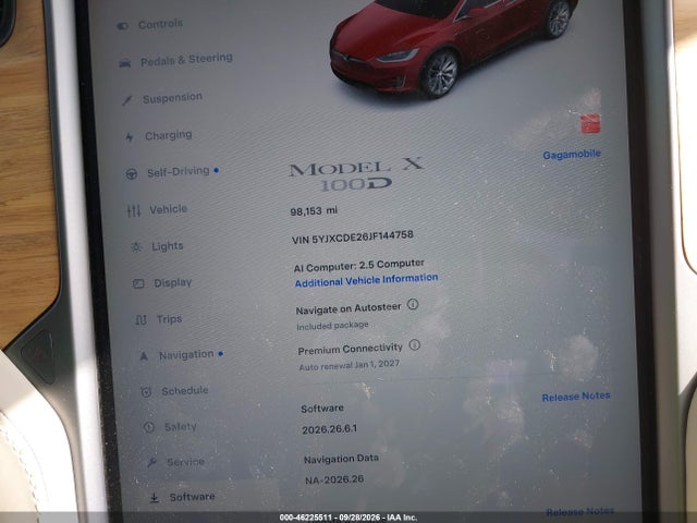 Aukcja sprzedaży 2018 Tesla Model X 100d/75d/p100d, vin: 5YJXCDE26JF144758, numer aukcji: 46225511