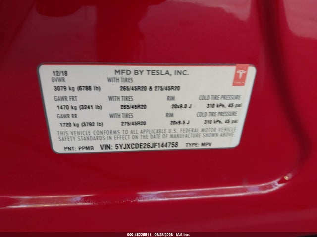 Aukcja sprzedaży 2018 Tesla Model X 100d/75d/p100d, vin: 5YJXCDE26JF144758, numer aukcji: 46225511