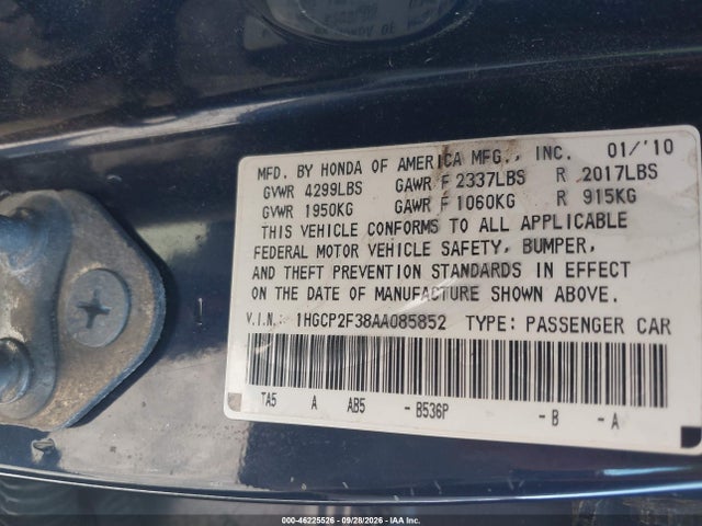 2010 Honda Accord 2.4 Lx მანქანა იყიდება აუქციონზე, vin: 1HGCP2F38AA085852, აუქციონის ნომერი: 46225526