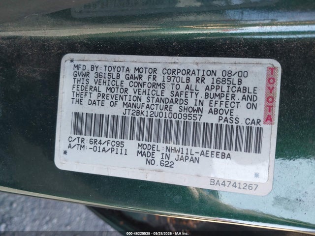 46225535 :رقم المزاد ، JT2BK12U010009557 vin ، 2001 Toyota Prius مزاد بيع