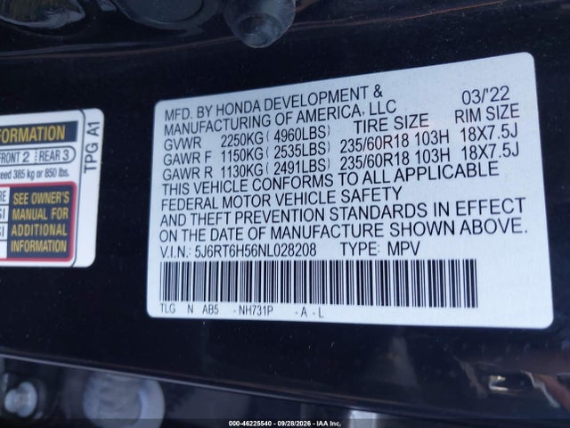 Продажа на аукционе авто 2022 Honda Cr-v Hybrid Ex, vin: 5J6RT6H56NL028208, номер лота: 46225540