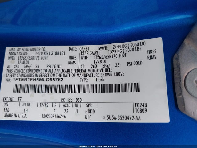 Продажа на аукционе авто 2021 Ford Ranger Xl, vin: 1FTER1FH5MLD65762, номер лота: 46225549