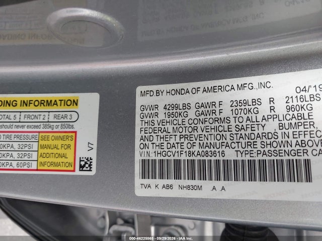 2019 Honda Accord Lx მანქანა იყიდება აუქციონზე, vin: 1HGCV1F18KA083616, აუქციონის ნომერი: 46225565