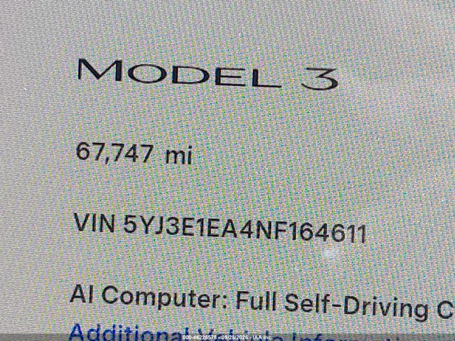 46225578 :رقم المزاد ، 5YJ3E1EA4NF164611 vin ، 2022 Tesla Model 3 Rear-wheel Drive مزاد بيع