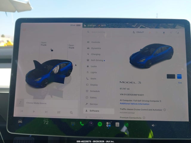 46225578 :رقم المزاد ، 5YJ3E1EA4NF164611 vin ، 2022 Tesla Model 3 Rear-wheel Drive مزاد بيع