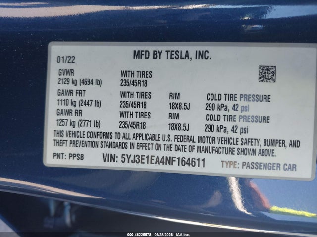 46225578 :رقم المزاد ، 5YJ3E1EA4NF164611 vin ، 2022 Tesla Model 3 Rear-wheel Drive مزاد بيع