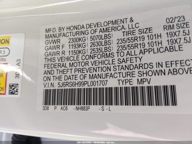 46225592 :رقم المزاد ، 5J6RS6H99PL001707 vin ، 2023 Honda Cr-v Hybrid Sport Touring مزاد بيع
