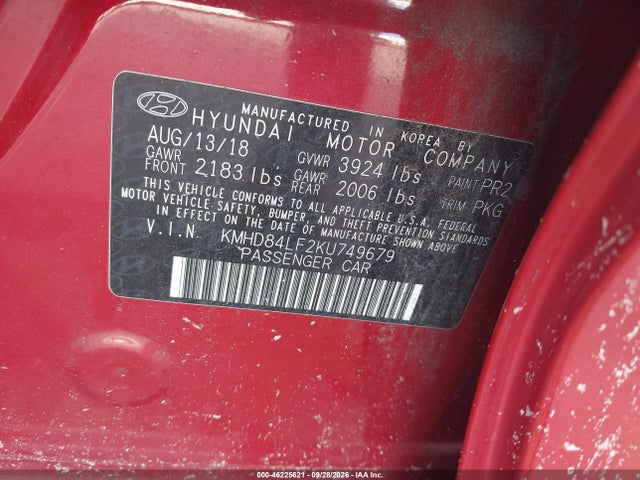 2019 Hyundai Elantra Sel მანქანა იყიდება აუქციონზე, vin: KMHD84LF2KU749679, აუქციონის ნომერი: 46225621