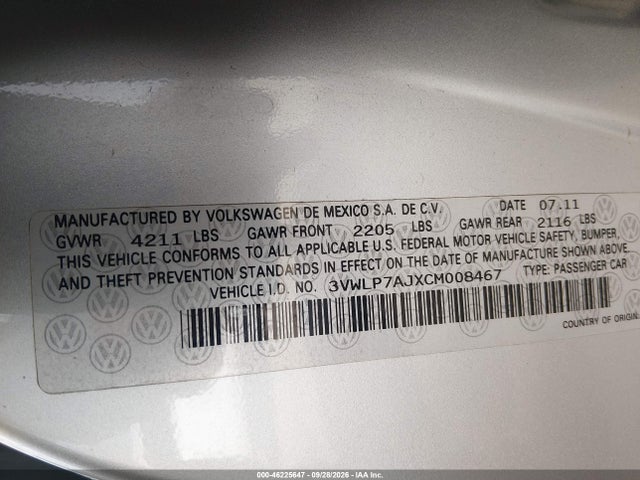 Продаж на аукціоні авто 2012 Volkswagen Jetta 2.5l Sel, vin: 3VWLP7AJXCM008467, номер лоту: 46225647