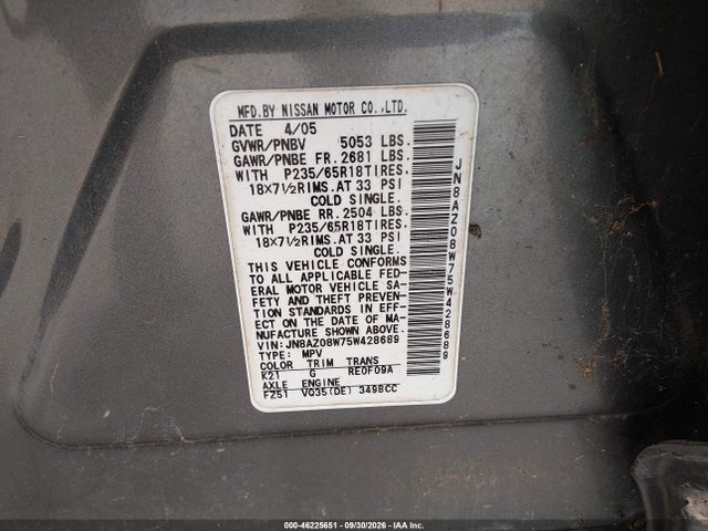 Продажа на аукционе авто 2005 Nissan Murano Sl, vin: JN8AZ08W75W428689, номер лота: 46225651
