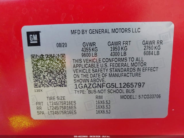 Продажа на аукционе авто 2020 Chevrolet Express Passenger Rwd 3500 Extended Wheelbase Ls, vin: 1GAZGNFG5L1265797, номер лота: 46225658