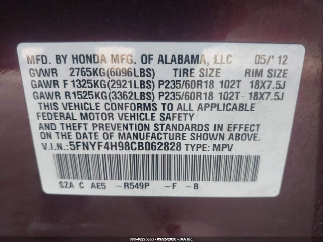 Aukcja sprzedaży 2012 Honda Pilot Touring, vin: 5FNYF4H98CB062828, numer aukcji: 46225663